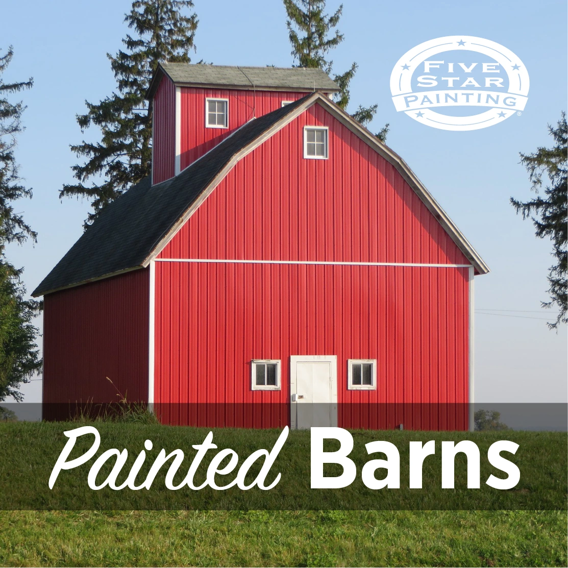 Blog title superimposed over a photo of a red barn sitting on a green lawn, Five Star Painting logo in the top right