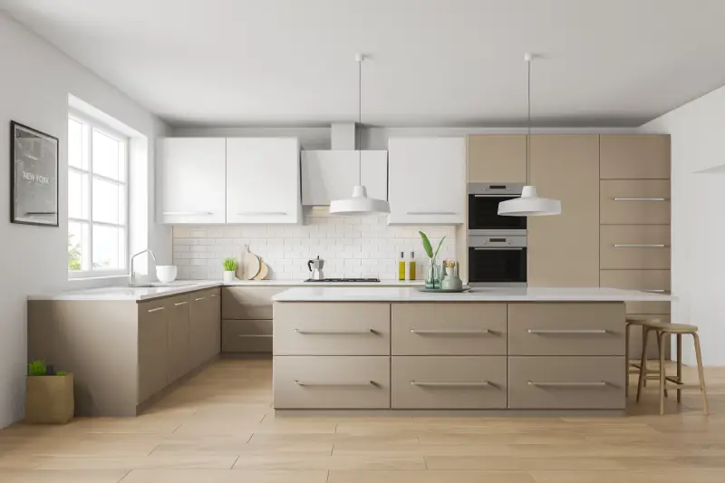 entire minimalist kitchen with beige cabinets paired with white