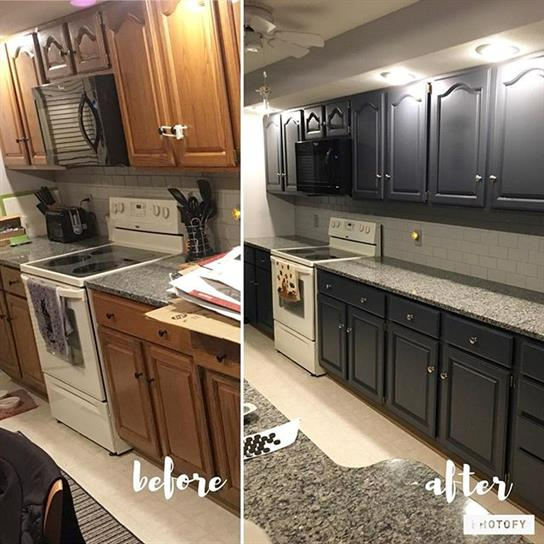 Before and After of Kitchen Cabinets Being Painted Dark Gray
