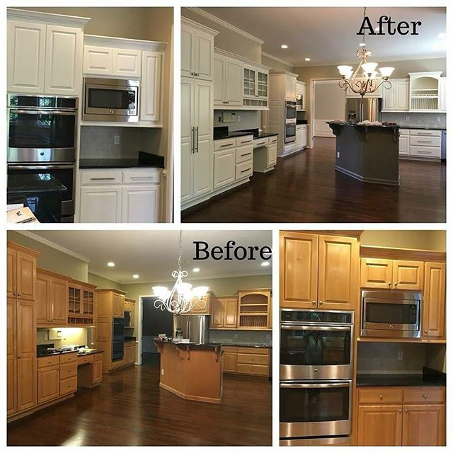 Before and After of Kitchen Cabinets Being Painted White