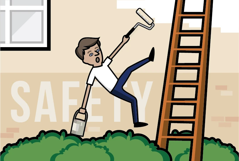 Safety: Cartoon of a painting man falling from a ladder