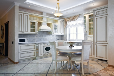 White Kitchen with Colorful Accented Backsplash and Flooring