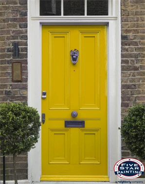 Yellow front door with Five Star Painting logo superimposed over the photo