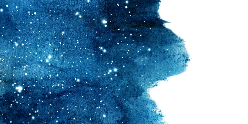 A white background, from the left blue and white paint resembling a night sky is visually moving to the right