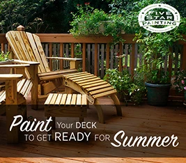 Blog title superimposed over a photo of a wooden deck with wooden lawn chairs, Five Star Painting logo on the top right