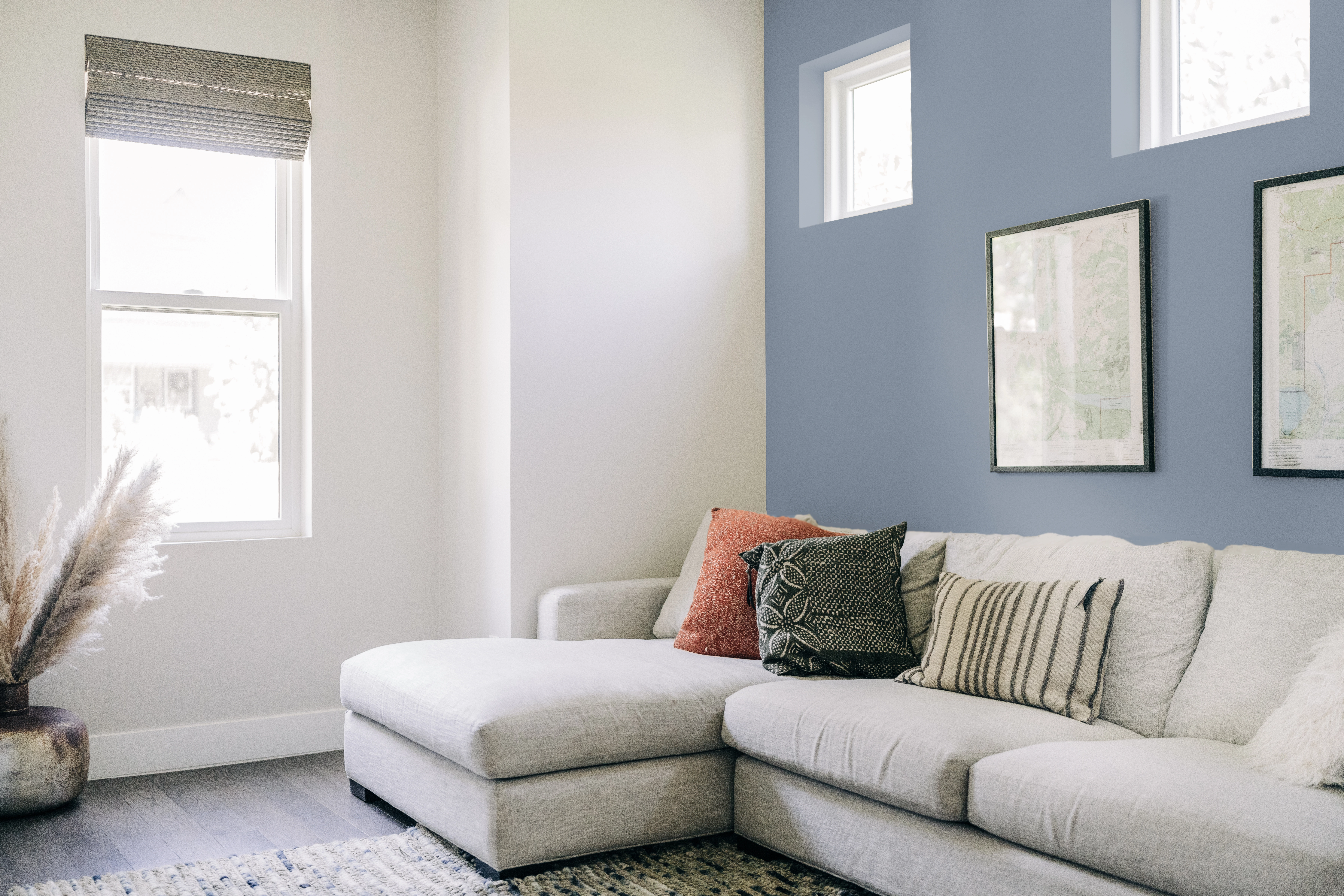 Modern style living room with gray blue accent wall, cream walls, white baseboards, and gray couch.