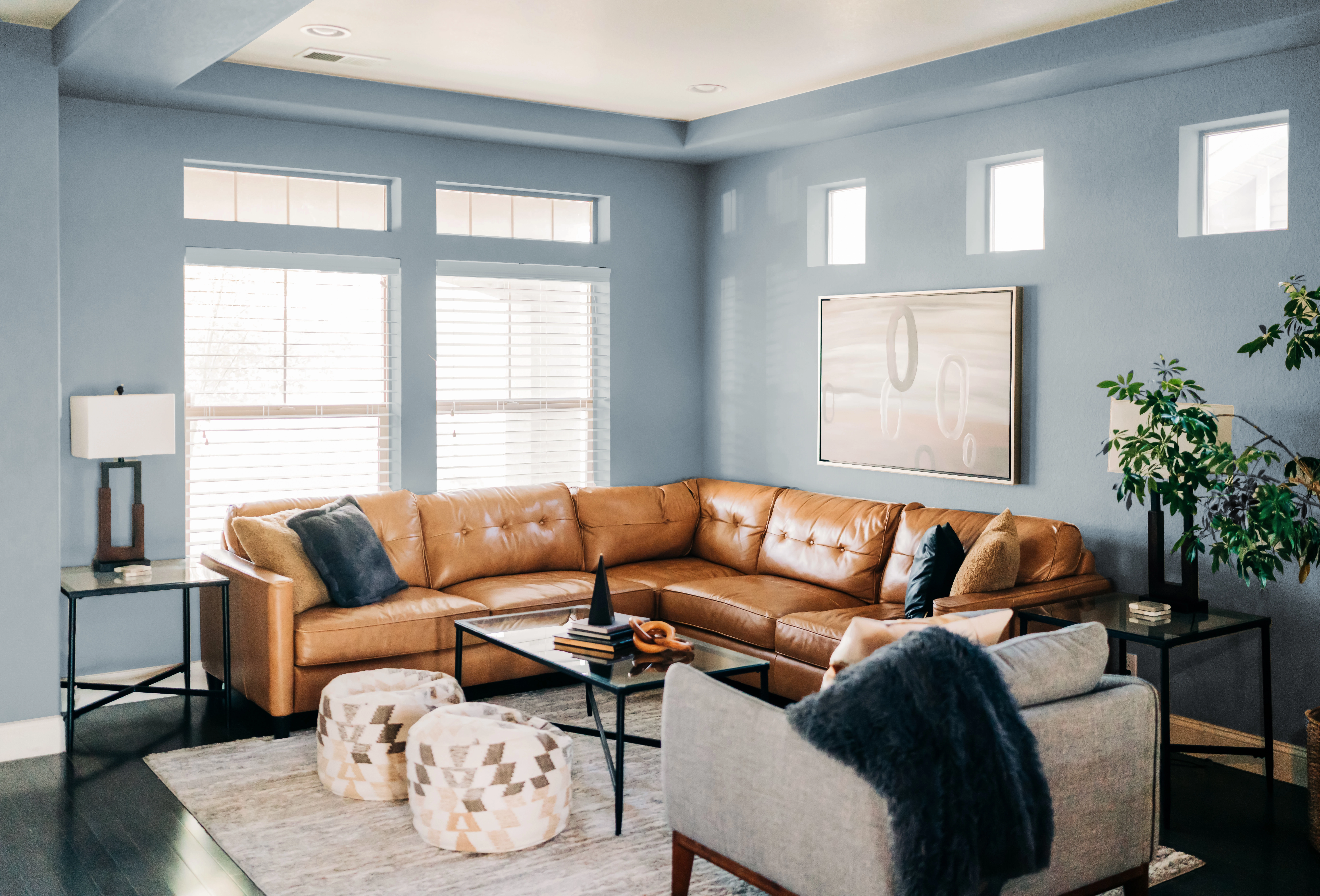 Modern boho style living room with light blue painted walls, a brown leather couch, neutral decor.